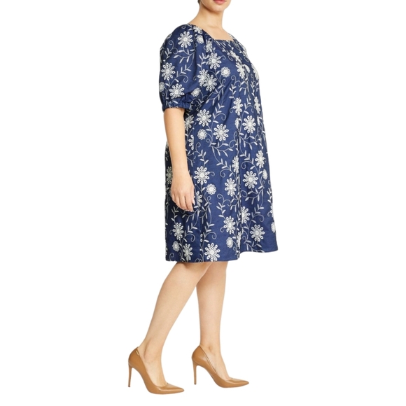 ANNE KLEIN Blue Embroidered Chambray Denim Dress 12 Floral Cotton - Picture 3 of 15
